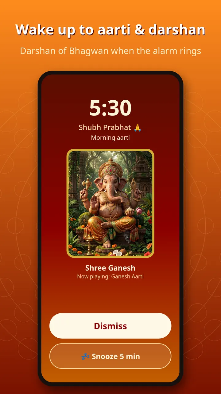Bhakti Alarm ringing at 5:30 with a full-screen Shree Ganesh darshan and Ganesh Aarti playing