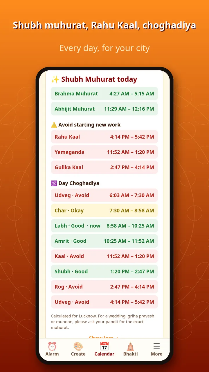 Shubh muhurat screen with Rahu Kaal and choghadiya timings