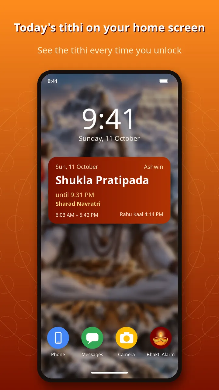 Home screen panchang widget showing Shukla Pratipada, Sharad Navratri and Rahu Kaal